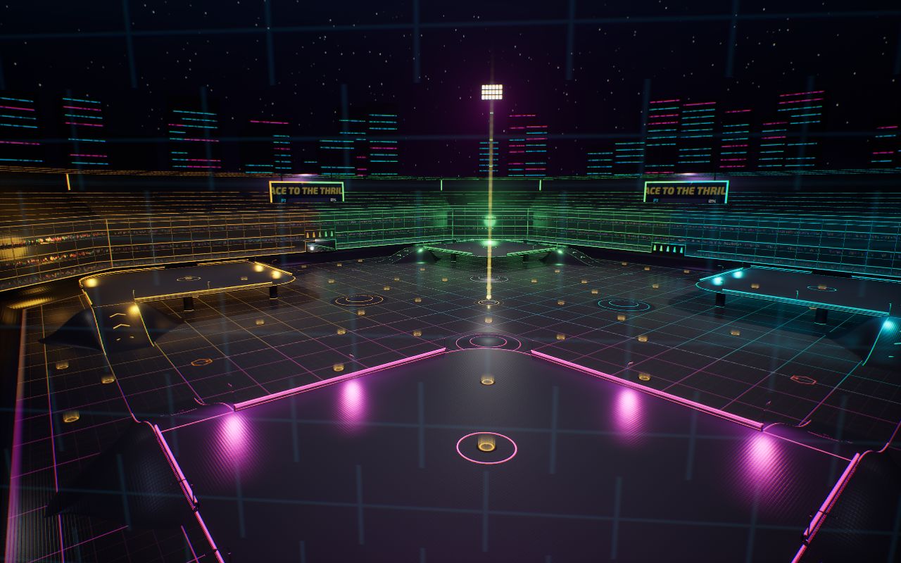 The NEO-TAG arena at night, its corners glowing