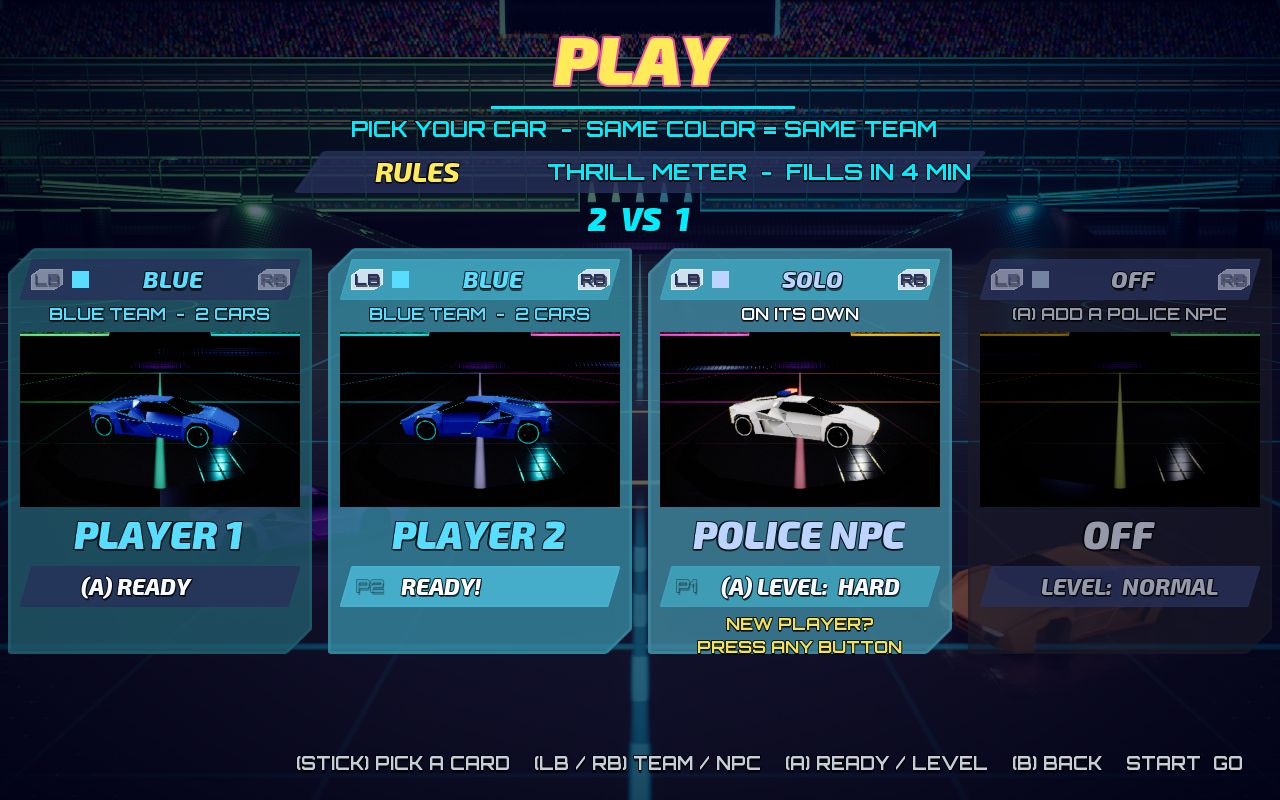 The car select: four cards with car colors, teams and NPC levels
