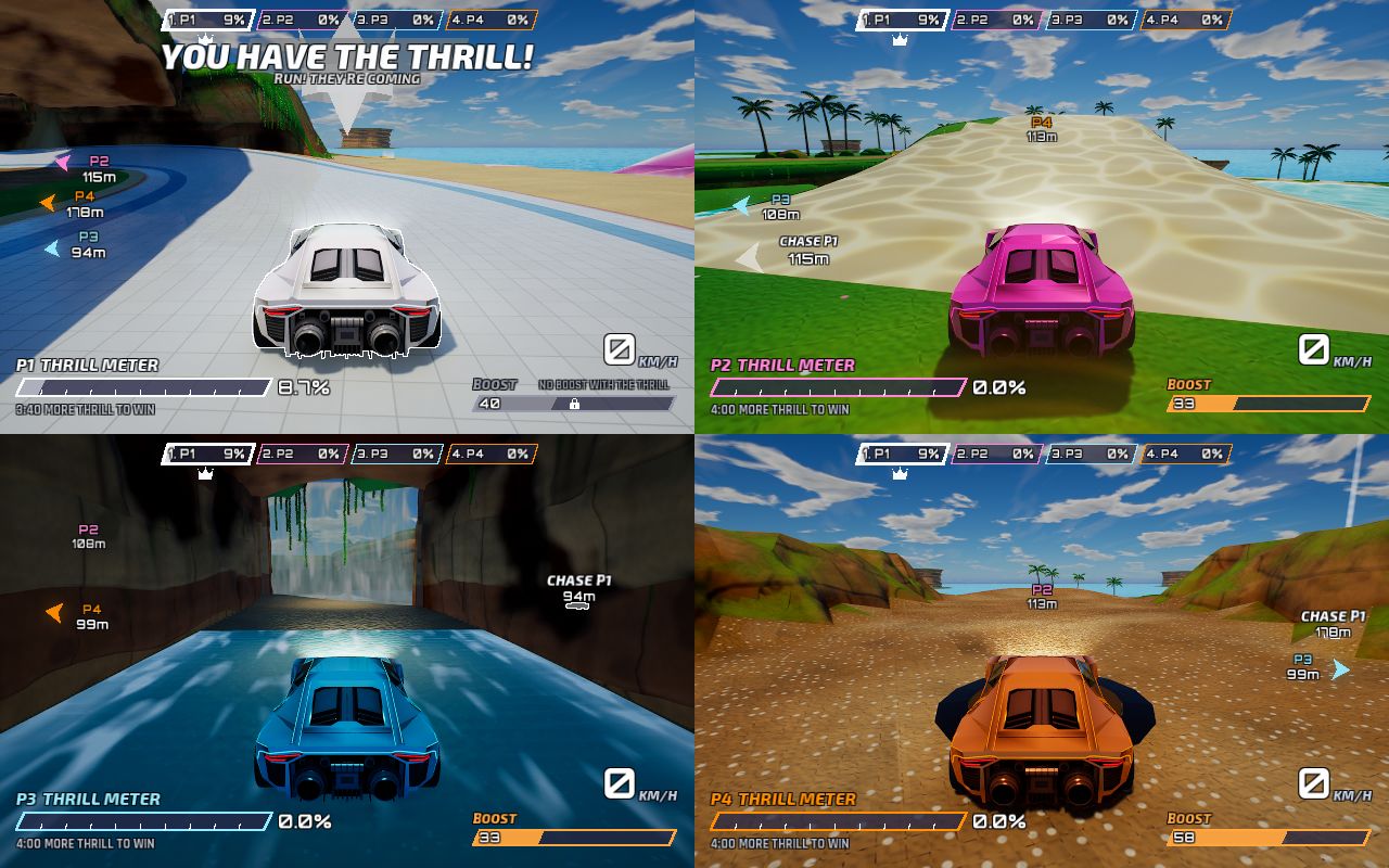 Four-player split screen in CORAL-COVE, one car under a waterfall