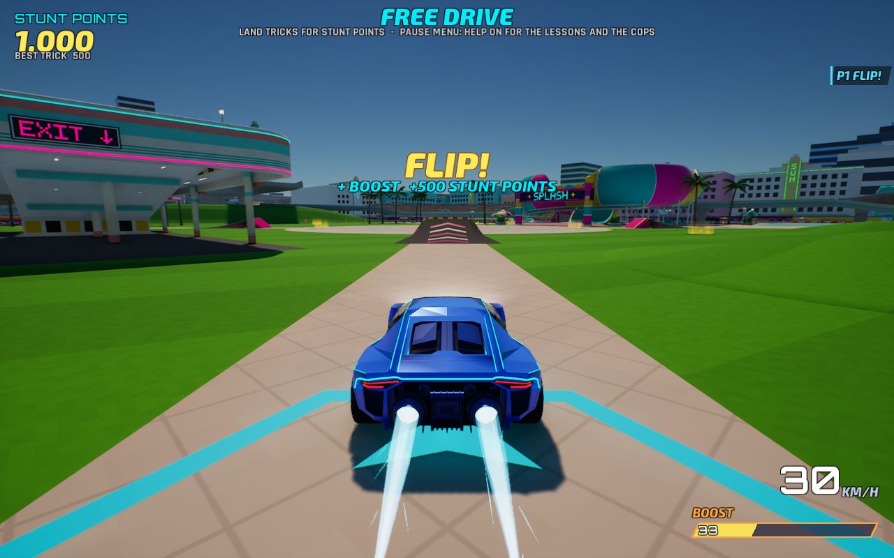 Practice mode: a blue car lands a flip for a boost and stunt points