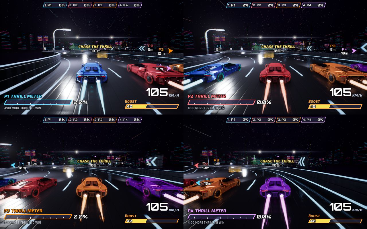 Four cars boosting down the launch road in four-way split screen