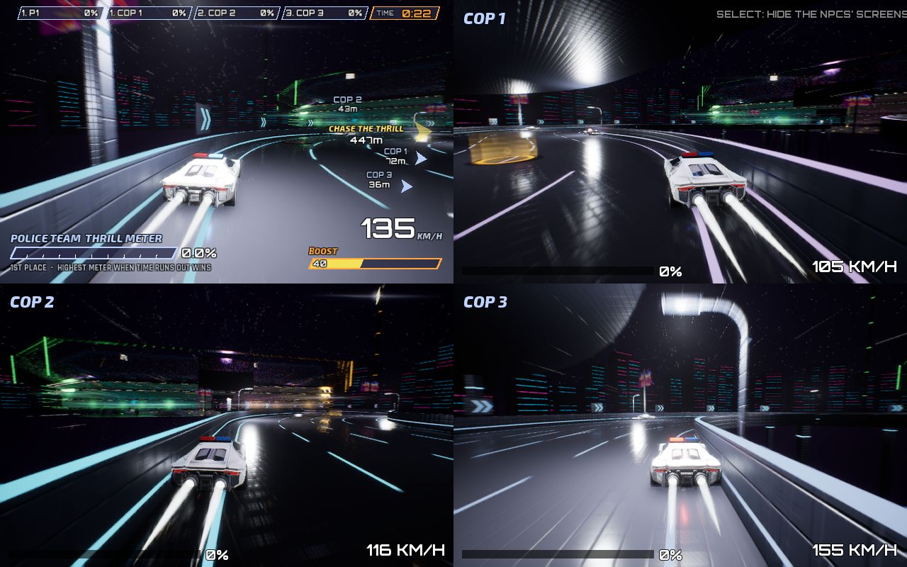 One player and three police NPCs, each NPC's view on screen next to the player's