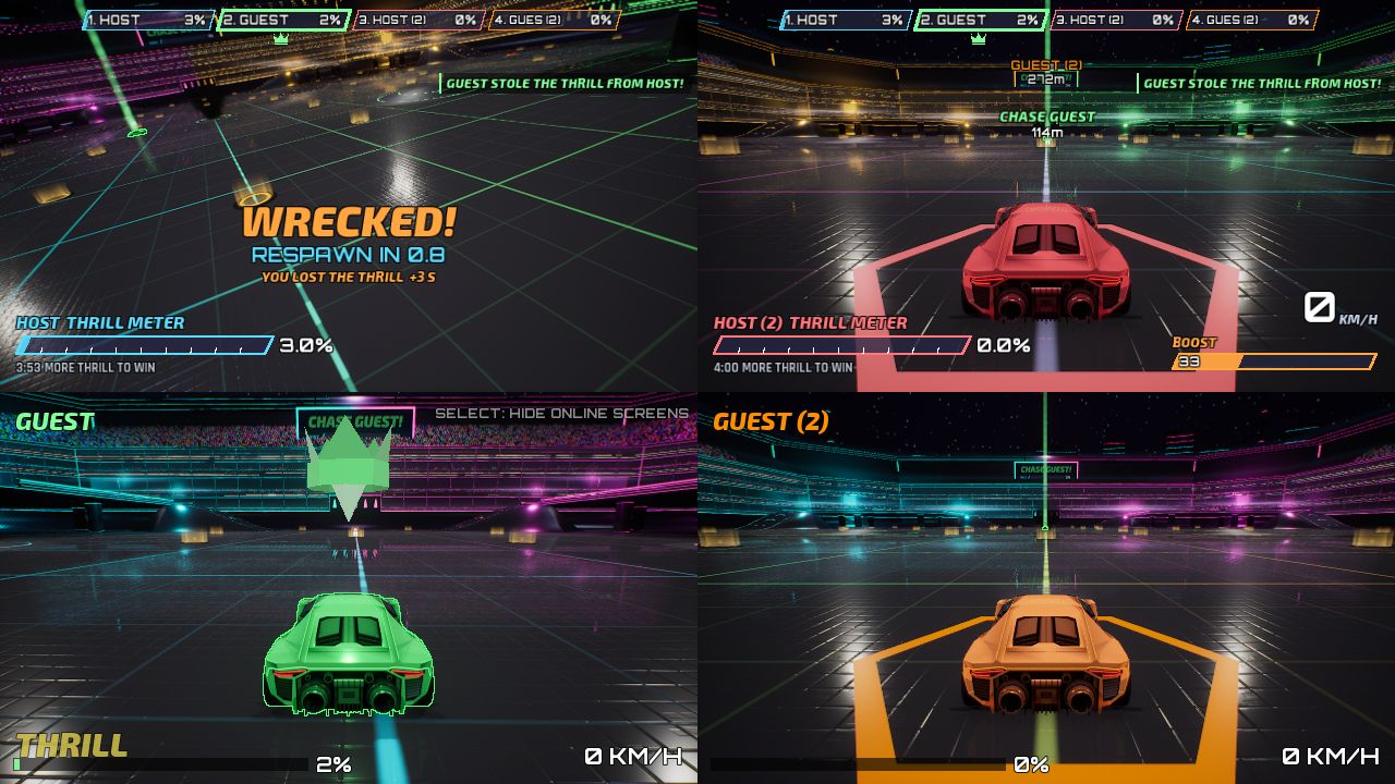 An online match: two players on this PC and a friend's two players, all four screens visible