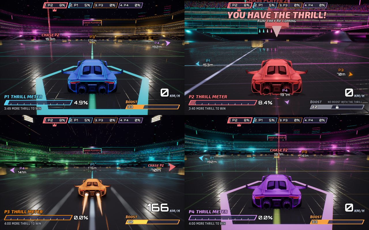 Four-player split screen in the NEO-TAG arena; the red car has the thrill while the others chase it