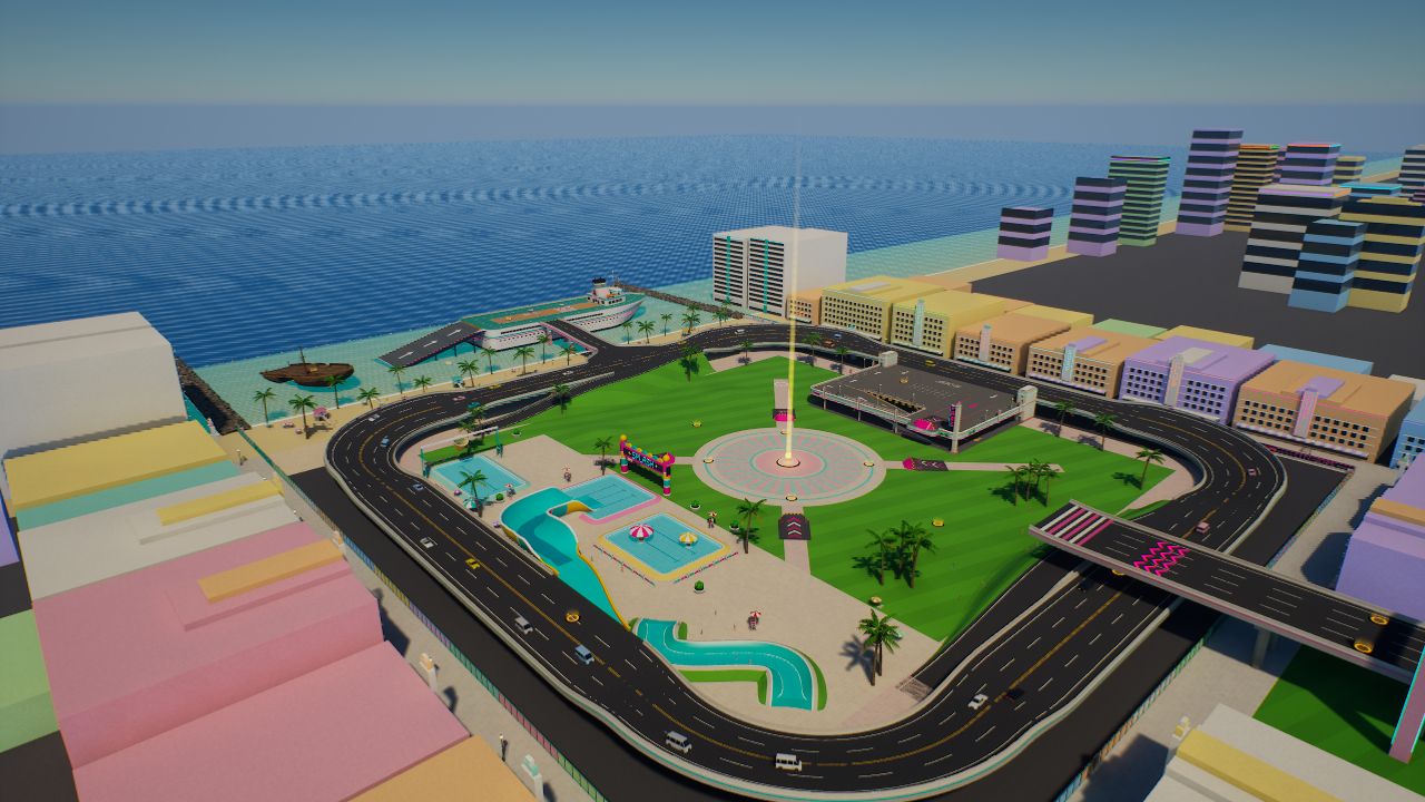 CITY-SCAPE: a sunny city plaza arena by the water