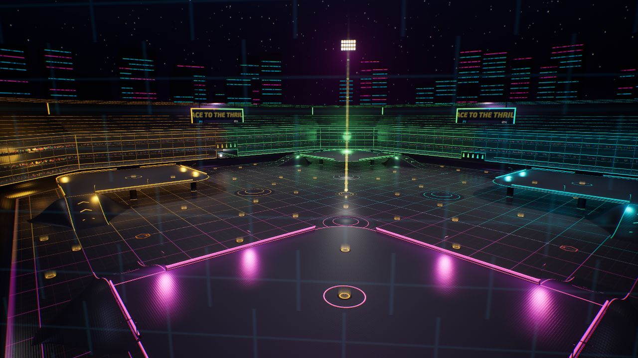 NEO-TAG: a neon stadium with glowing corners at night